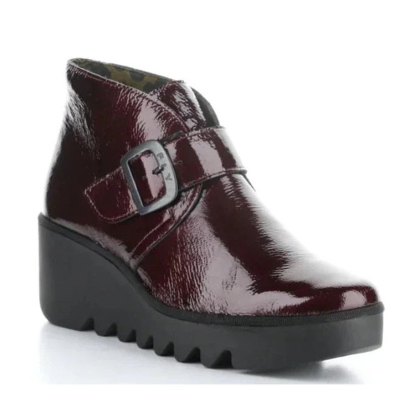 Fly London Women's Wedge Ankle Boots WINE Patent Leather Booties EU 40 9-9.5 NEW - Picture 1 of 9